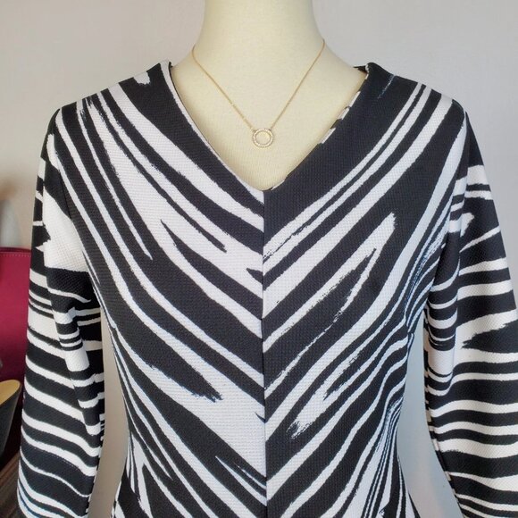Cato Woman's 3/4 Sleeve V-Neck Zebra Print Swirled Striped Sheath Dress Size S - Picture 2 of 10